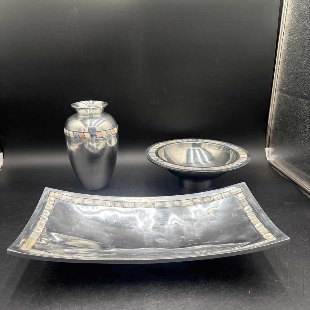 TOWLE Alternative Metals Mother of Pearl Inlay Tray Bowl Vase 3 Piece Set Silver